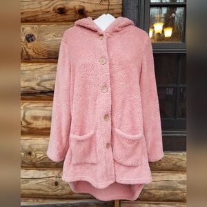 Cozy Pink Button-Up Fleece Coat, Size Large.  Machine wash and dry.